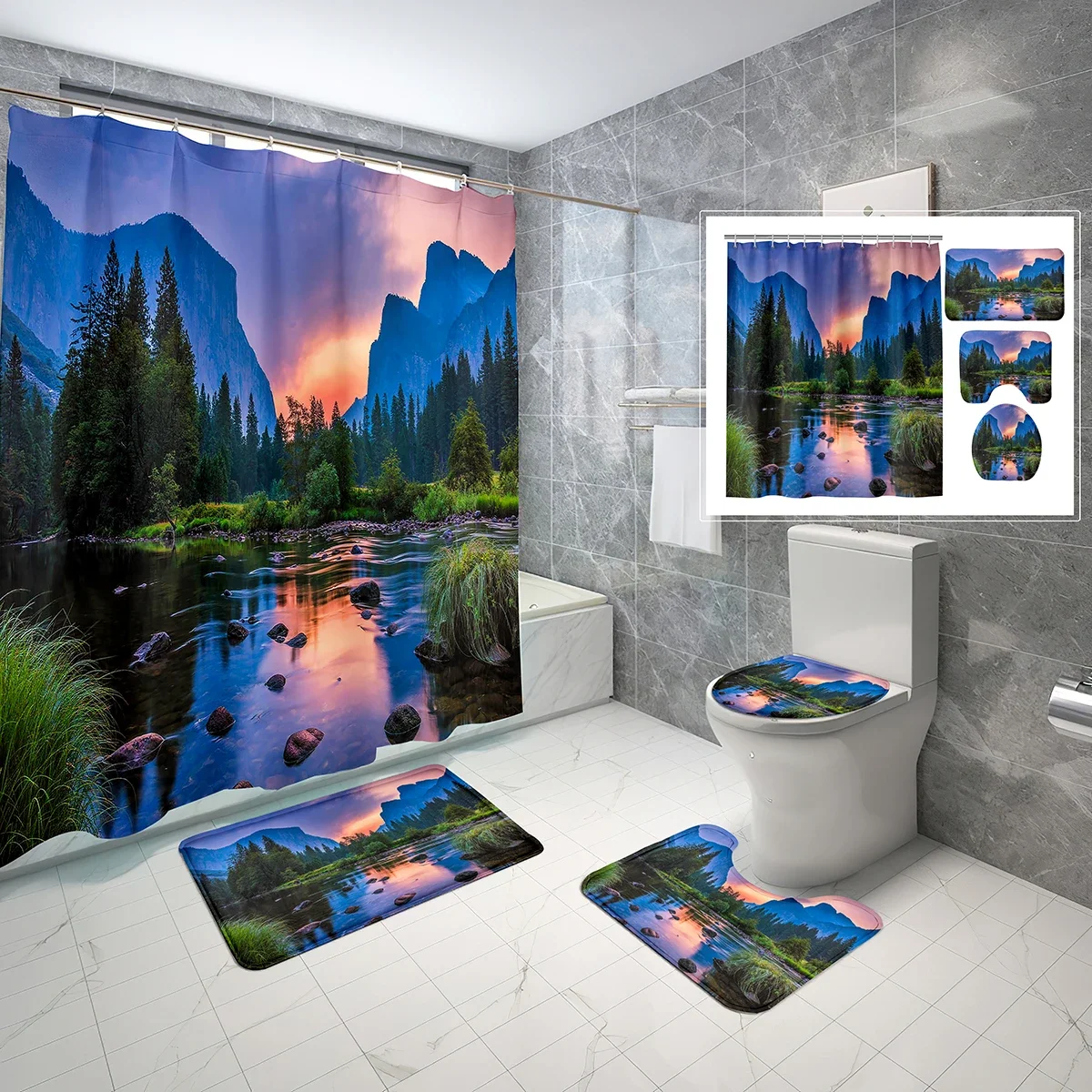 4 Sets Landscape Shower Curtain Sets with Non-Slip Bath Mat,Toilet Lid Cover and Nature Forest Valley Shower Curtain Cover Set