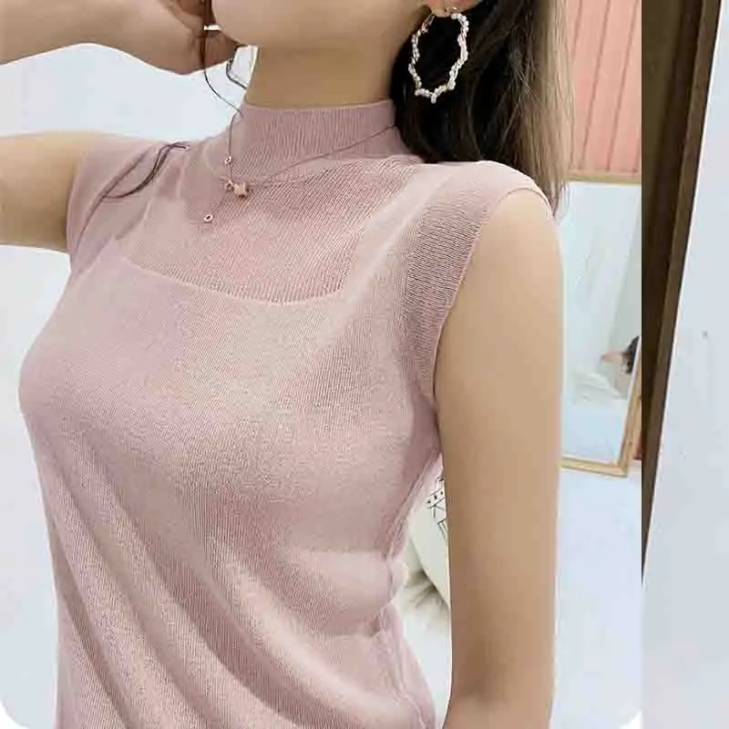 New Sexy Women Tops Fashion White Shirt Simple Street Style Ladies Knitted Solid Wild Ice Silk Tanks Summer Clothes 2922