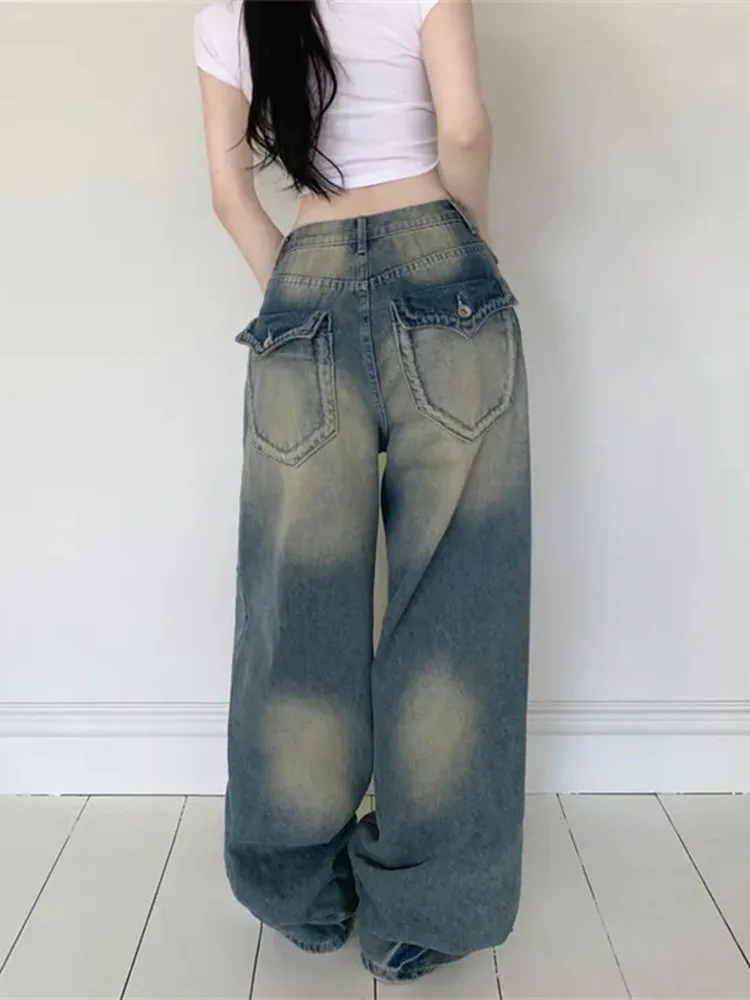 

Retro Waed Large ket Denim Jeans Women's Straight Leg Loose Slimming Casual Long Trousers Faionable Summer High Waist ...
