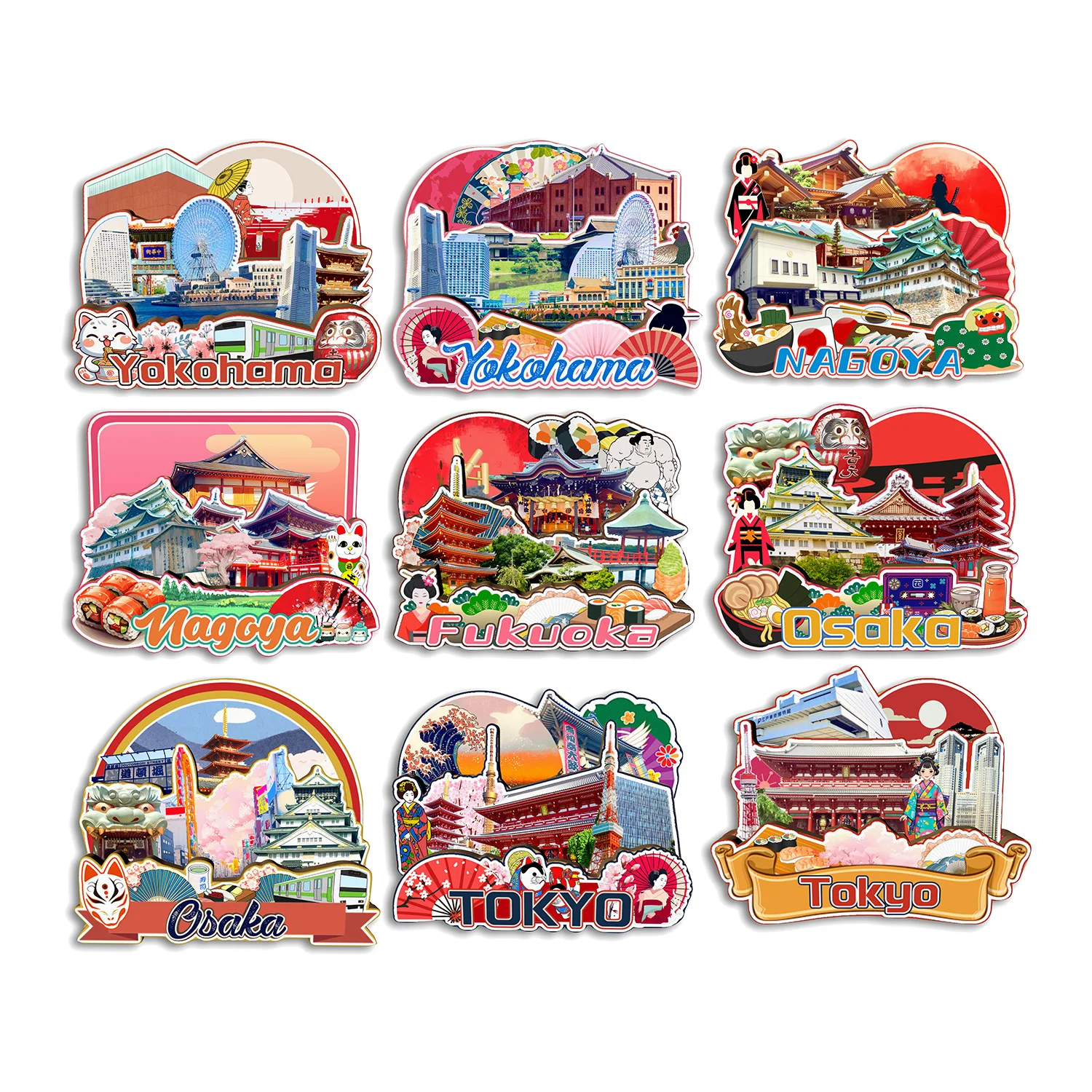 Imán para nevera japonés de Tokio Osaka Nagoya Yokohama Fukuoka, regalo de recuerdo de viaje, pegatina decorativa hecha a mano para refrigerador para el hogar