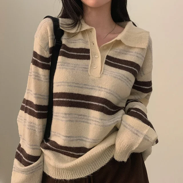 Autumn Winter New Style Vintage Girl Loose Stripe Long Sleeve Knitted Sweater Casual Style Women's Fashion China Made