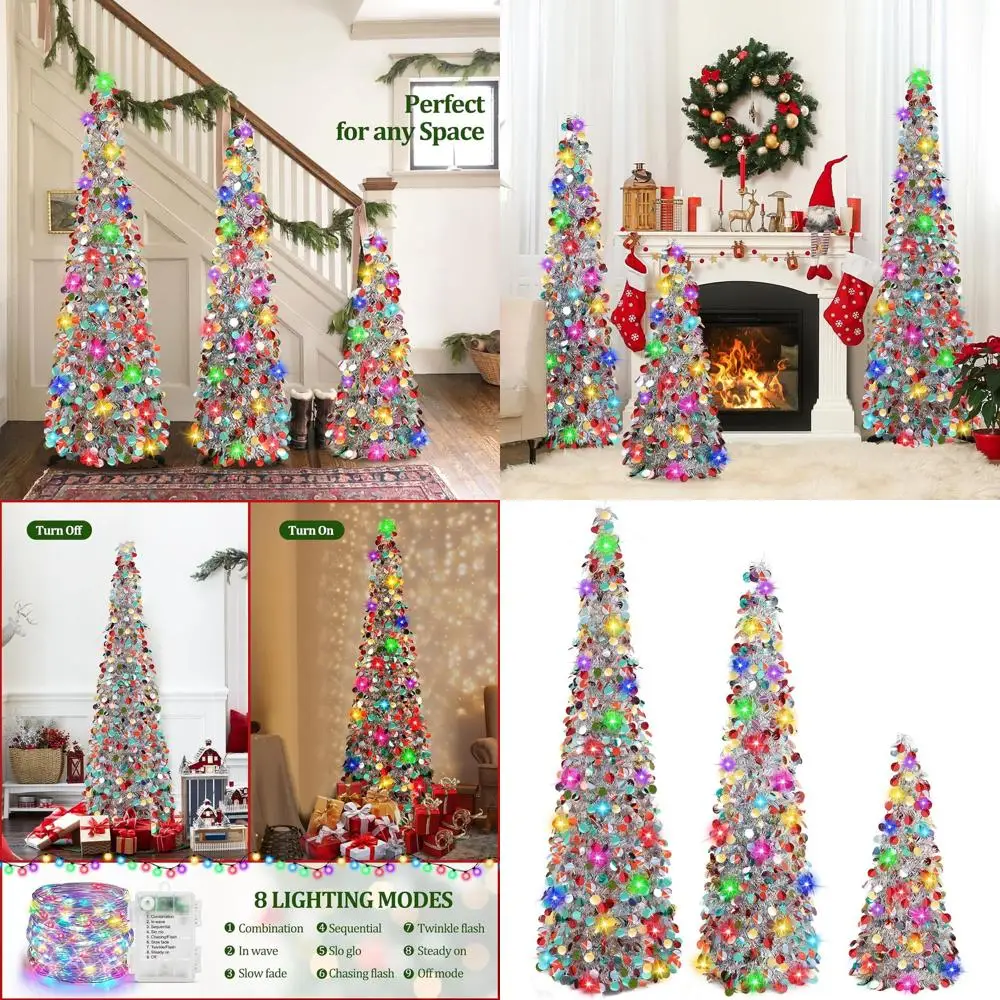 

Рождественские елки-карандаши с мишурой и таймером, 3 размера: 3 фута, 4 фута, 5 футов, простая сборка, серебряный блеск, идеально подходят для дома и