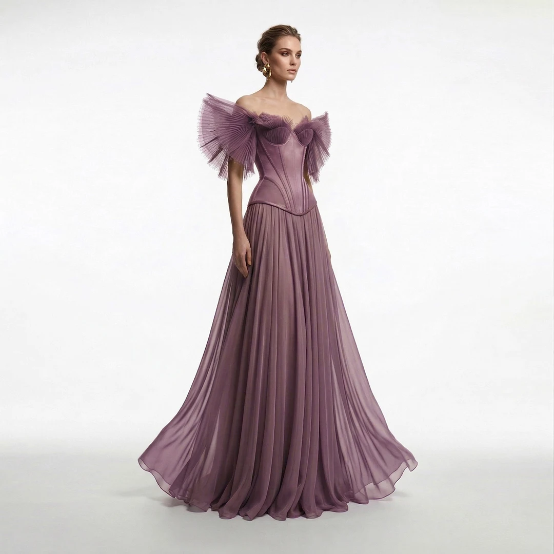 

Customized Off Shoulder Corset Evening Gown Dress 2026 Pleated Tulle Wing Sleeves A-Line Maxi Prom Wedding Party Dress Elegant