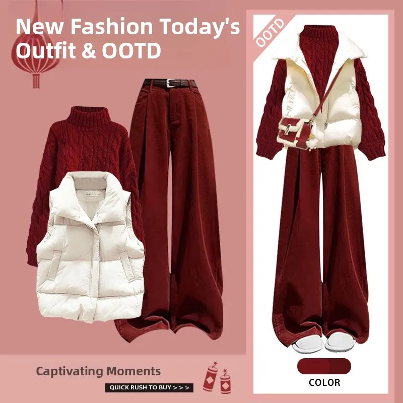 ชุดแฟชั่นผู้หญิงสำหรับฤดูใบไม้ร่วงและฤดูหนาว เสื้อยืดสีแดง เสื้อกั๊กผ้าฝ้าย กางเกงลำลอง สไตล์หรูหรา ให้ความรู้สึกดีเยี่ยมสำหรับเทศกาลปีใหม่