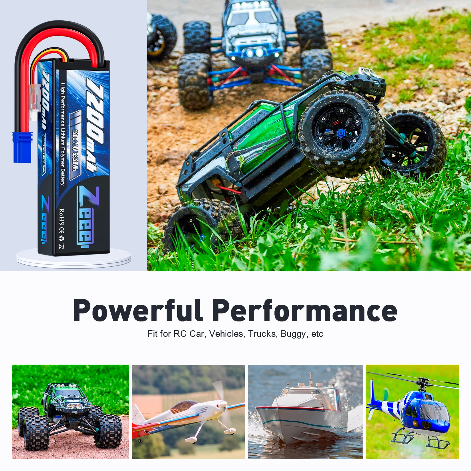 Zeee 2S Lipo Battery 7200mAh 7.4V 120C Hardcase with EC5/3 Plug for RC Car Truggy Buggy Vehicles Tank Airplane RC Models Parts