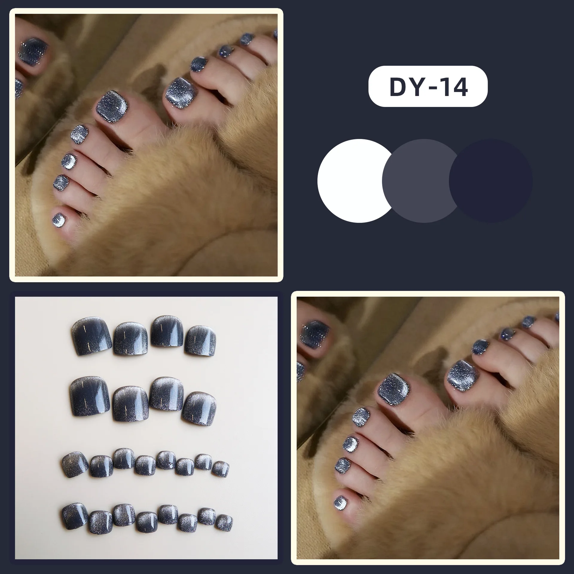 Dark Grey Aurora Fake Foot Nails Cat's Eye Phototherapy False ToeNails Set Press on Glitter Feet Nail Tips Full Fashion Nail Art