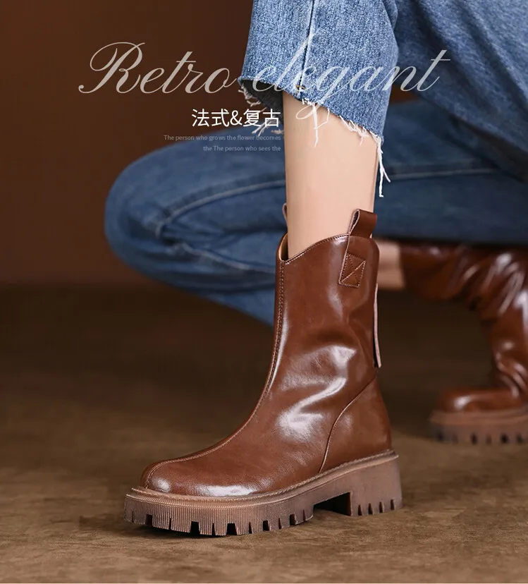 

2023 new women's short boots English style flat bottomed short boots fashionable cowhide single boots Chelsea boots short boots