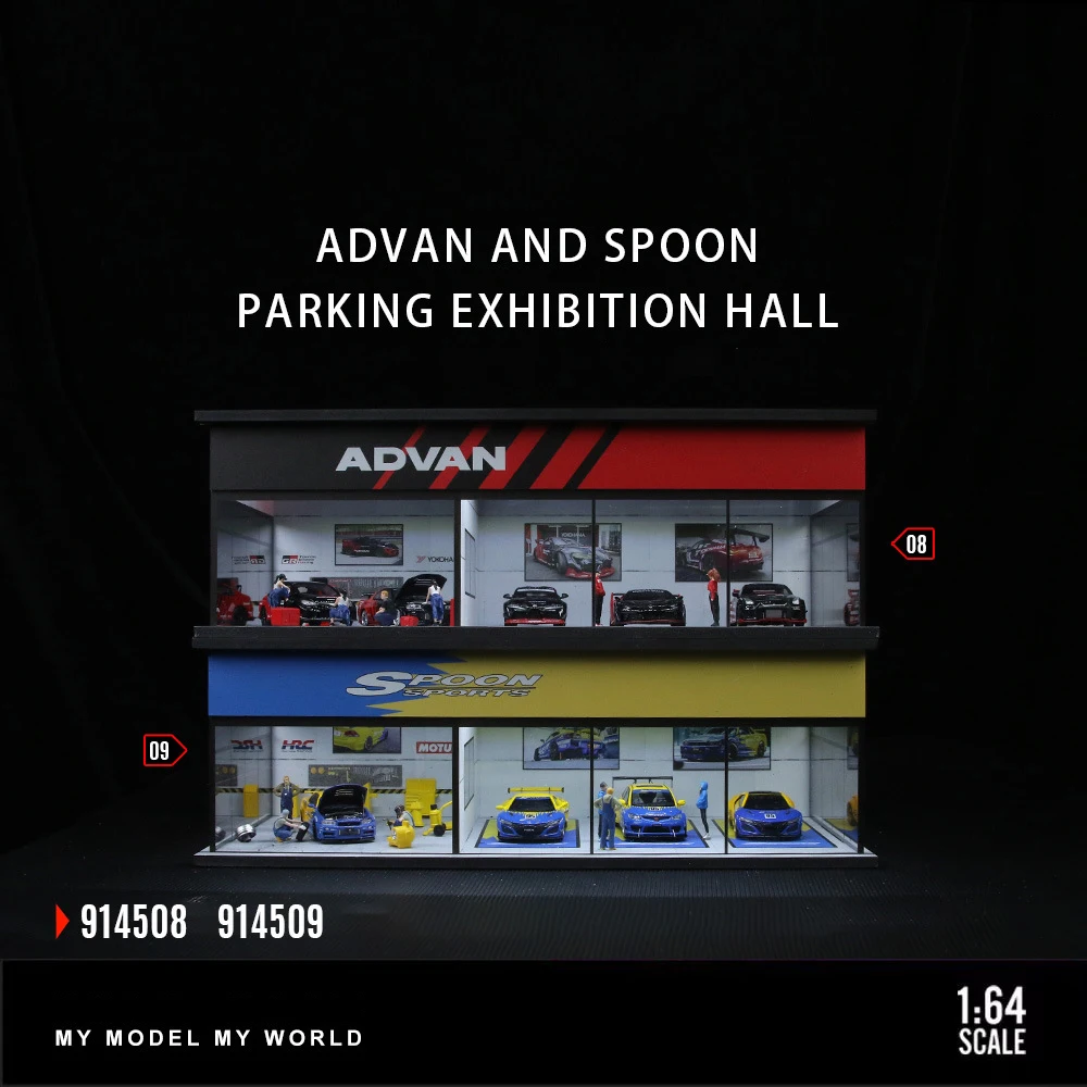 

64-масштабная диорама со светодиодной подсветкой, модель гаража автомобиля ADVAN SPOON, серия выставочных зала, сборочные сцены, модели гаража автомобиля
