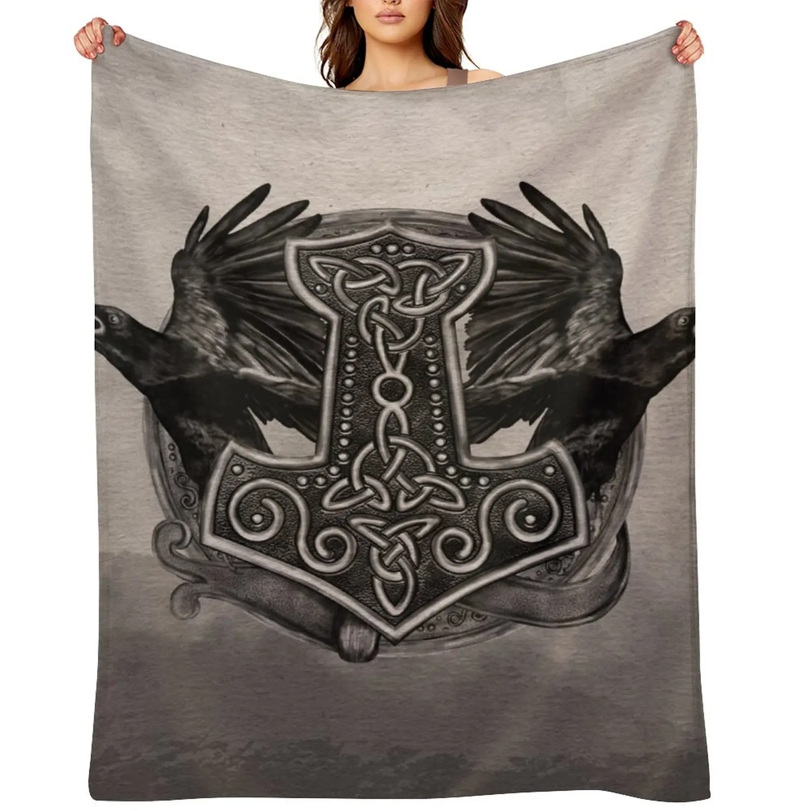 Mjolnir The hammer of Thor and ravens Throw Blanket Camping christmas gifts Decorative Throw Furry Blankets