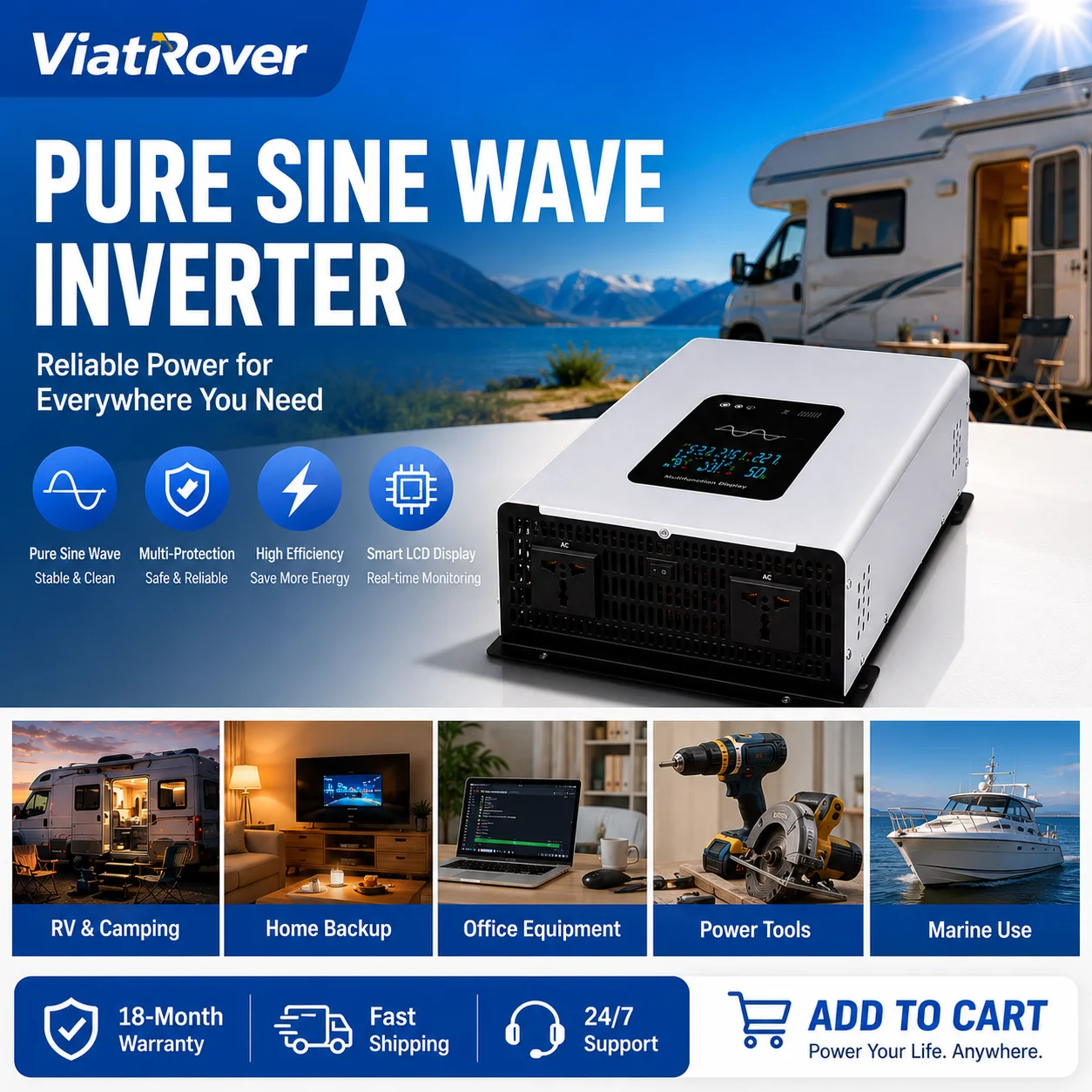 Pure Sine Wave Inverter LCD Display DC 12V/24V/48V/60V/72V to AC 110V/220V Voltage Converter for RV Caravan Camping