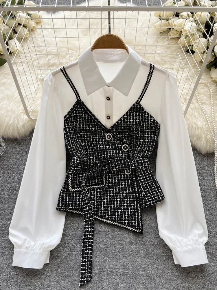 Women Spring Autumn Shirts Houndstooth Stitching Long-sleeved Irregular Plaid Lace Beautiful Small  Waist Top Patchwork  D1863