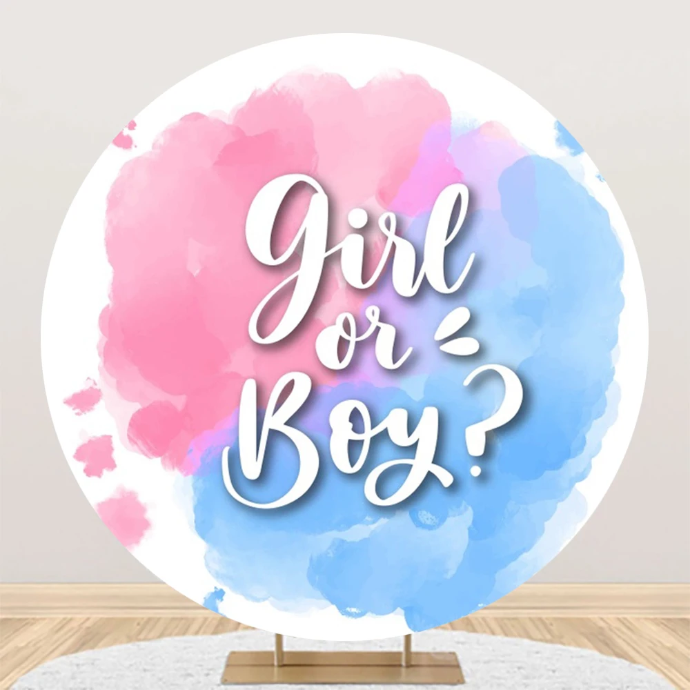 Laeacco Newborn Gender Reveal Round Backdrop Baby Shower Family Party Decor Boy or Girl Photographic Background Circle Backdrop