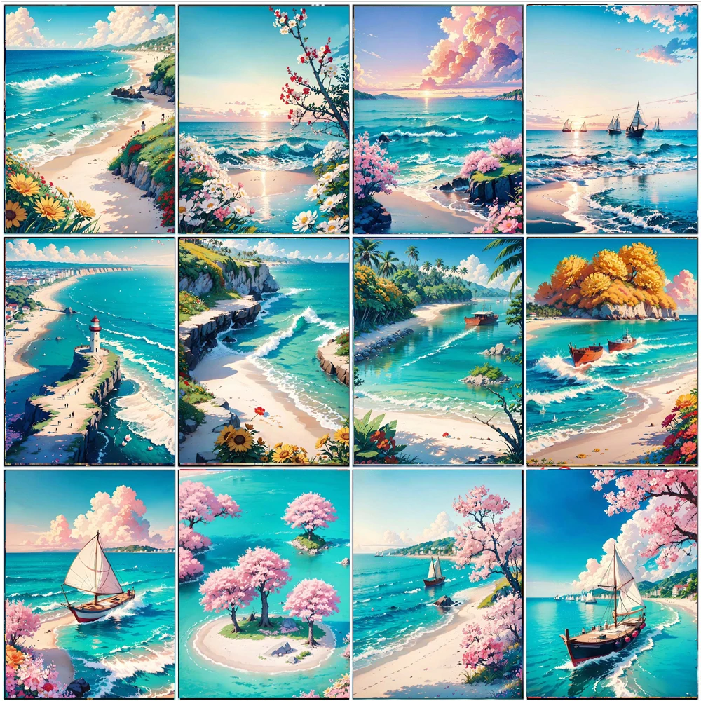 Sea Mountain Scenery Diamond Art Painting Beach Tree Boat Mosaic Landscape Embroidery Kit Creative Hobbies Decoration For Home