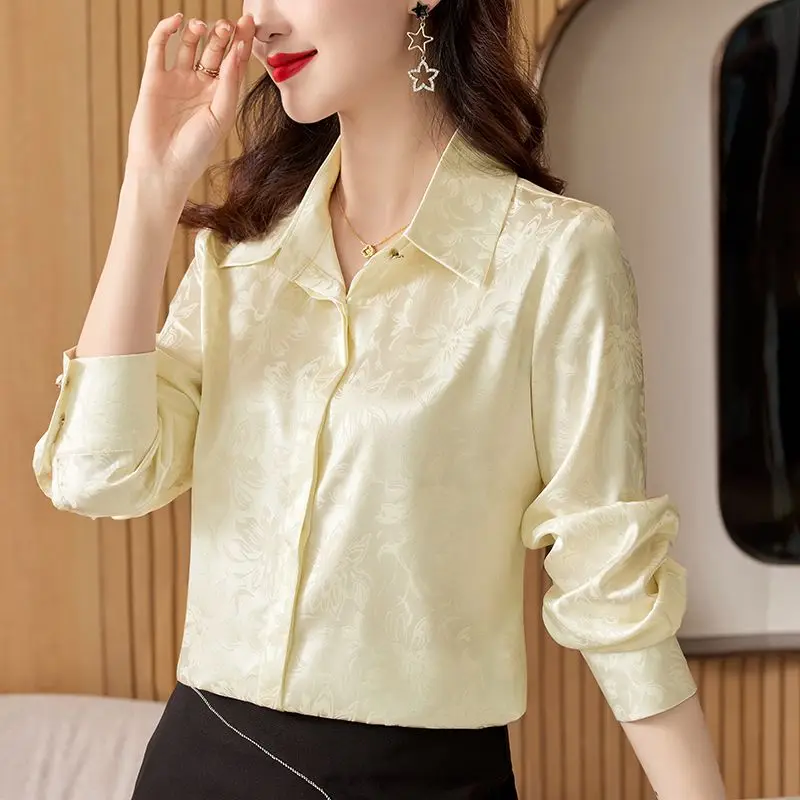 Satin Jacquard Shirt with Long Sleeves for Spring Autumn Women\'s Clothing Turn-down Collar Anti-wrinkle Patchwork Button Blouses