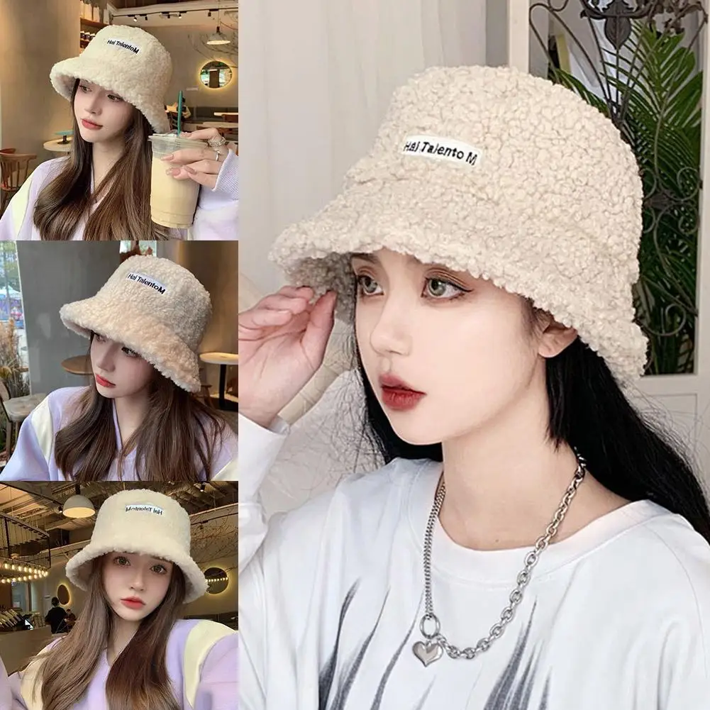 Winter Lamb Wool Bucket Hat Autumn Warm Hats for Women Lady Thicken Flat Top Cap Unisex Men Panama Outdoor Fisherman Hat Ca O7X2