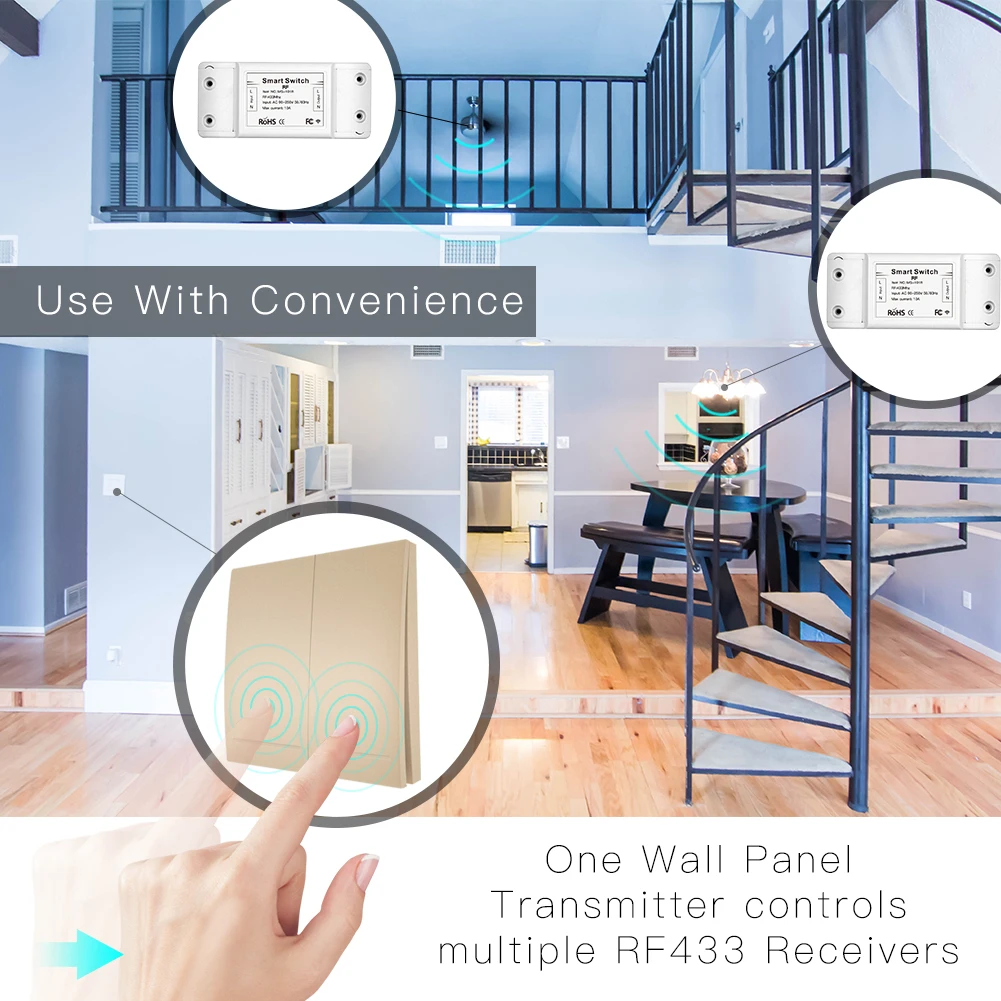 433Mhz bezprzewodowy inteligentny przełącznik RF pilot zdalnego sterowania odbiornik Push Button Controller Panel ścienny nadajnik, 2 way/3 way multi-control