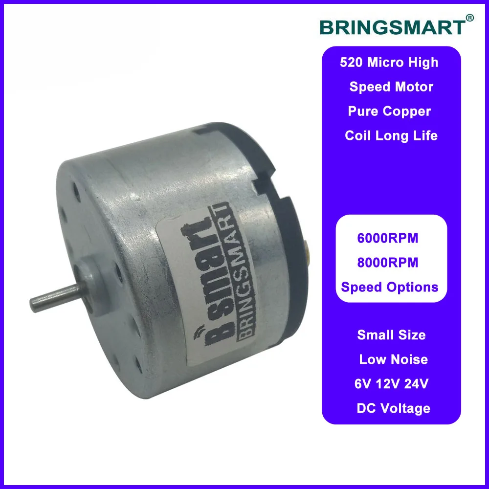 Bringsmart RA-520 DC Motor 6V 8000rpm High Speed Motor 6000rpm 24V 12V Mini Motor for Medical Equipment Cash Registers