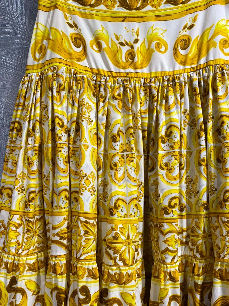 SEQINYY Elegant Long Skirt 100% Cotton Summer Spring New Fashion Design Women Runway High Quality Vintage Yellow Flower Print