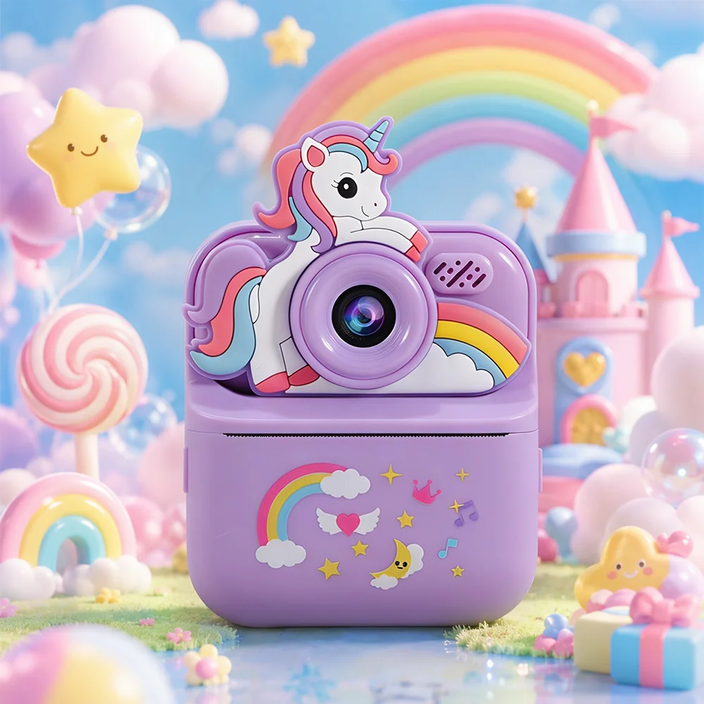 Cute purple unicorn kids camera, photo thermal printing, Halloween Thanksgiving surprise birthday holiday gift