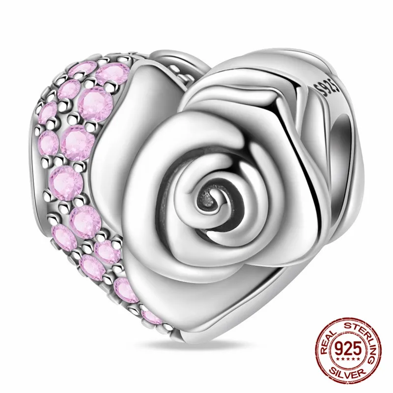 طقم خرز على شكل بتلة على شكل قلب من الفضة الإسترليني عيار 925 مع زركون مع سوار أصلي هدية مجوهرات نسائية ذاتية الصنع