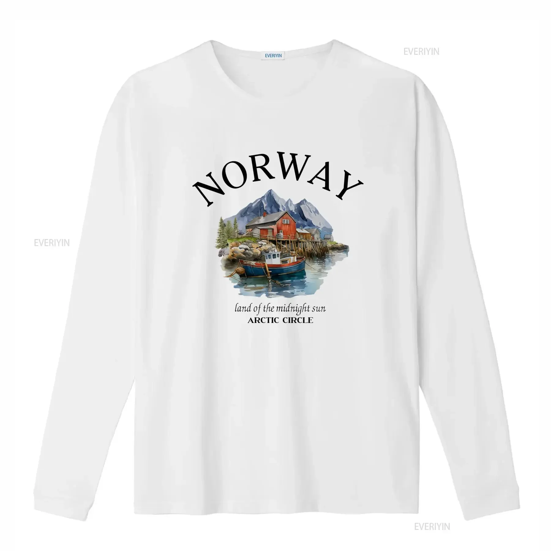 Watercolor Nordic Fishing Village Snowy Mountain Harbor Boat Outdoor Nature Print Casual T Shirt vintage Washed Stretched