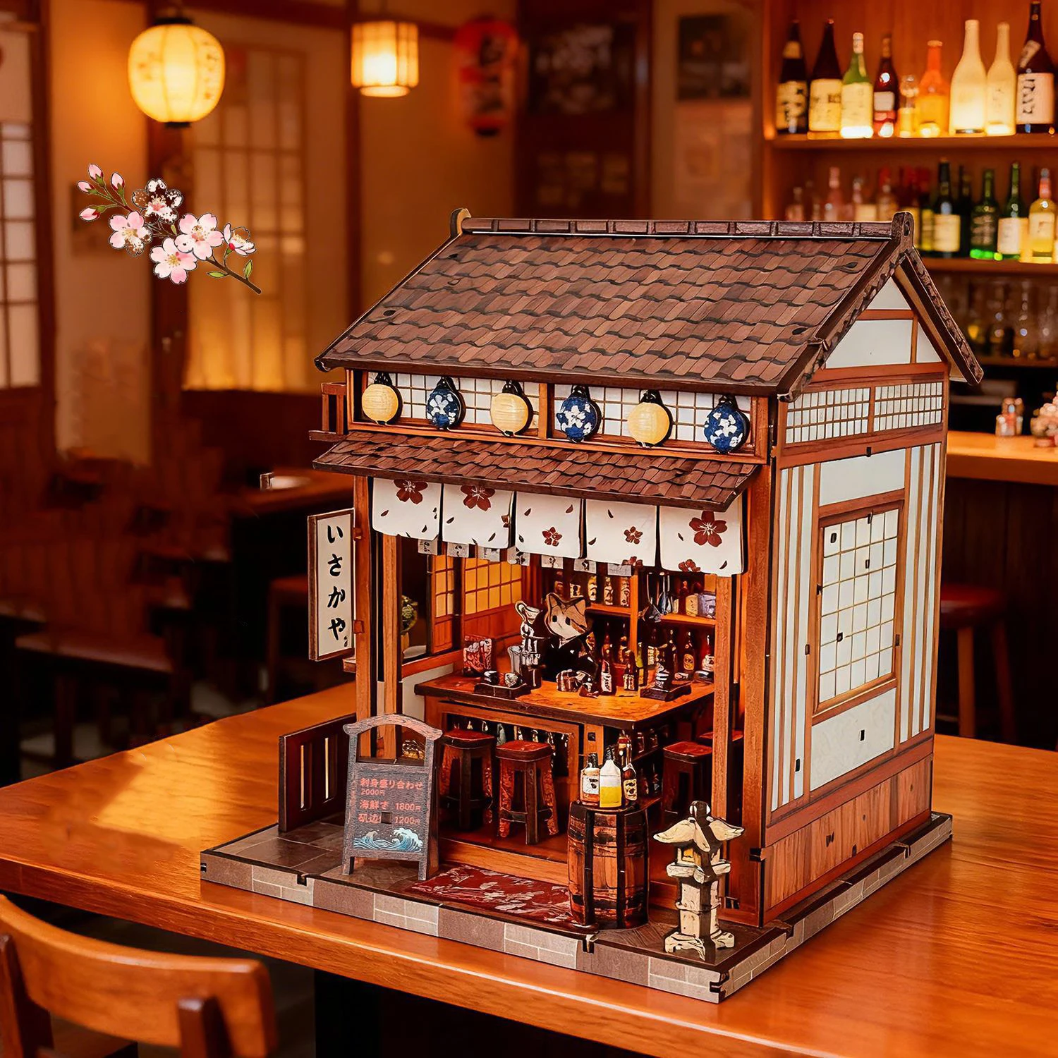 جديد لتقوم بها بنفسك خشبية مصغرة أطقم منمذجة ساكورا تافرن ثلاثية الأبعاد لغز مع بيوت الدمى الخفيفة مع الأثاث لهدايا عيد ميلاد الأصدقاء #1