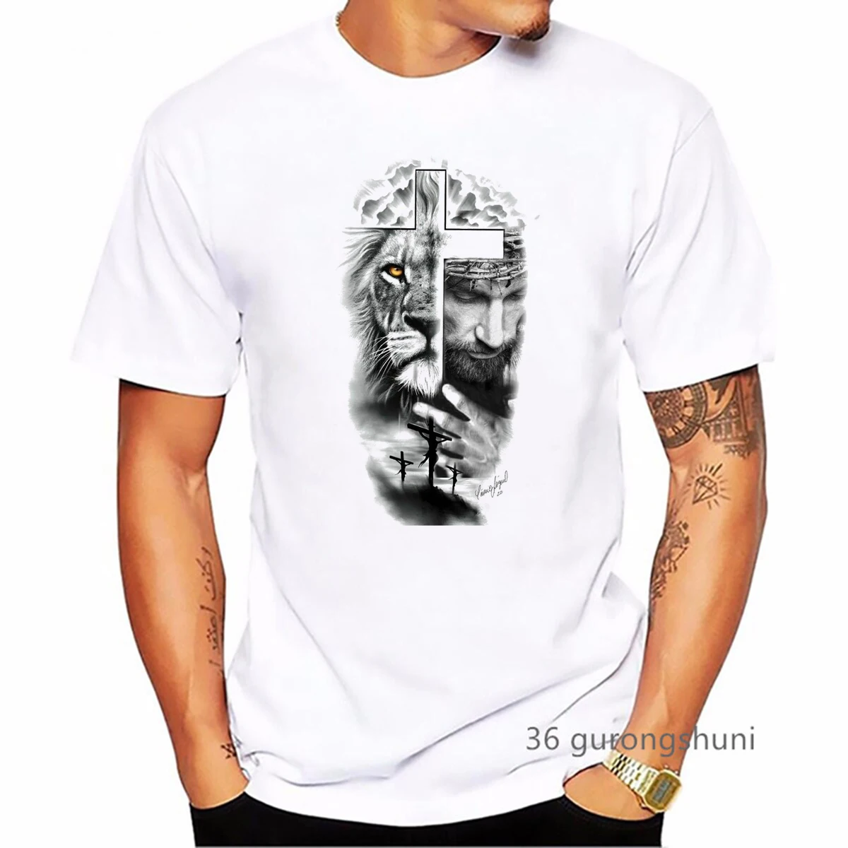 

Sketch Jesus Print T Shirt Men Clothes 2024 Lion Funny Tshirt Homme Summer Fashion Short Sleeve T-Shirt Men