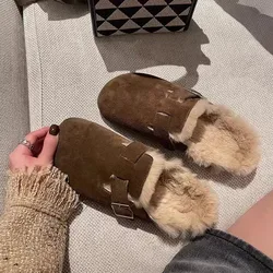 Women's Fashion Baotou Slippers Winter New Round Head Deep Mouth Belt Buckle Soft Sole Anti-slip Wear-resistant Flat Shoes