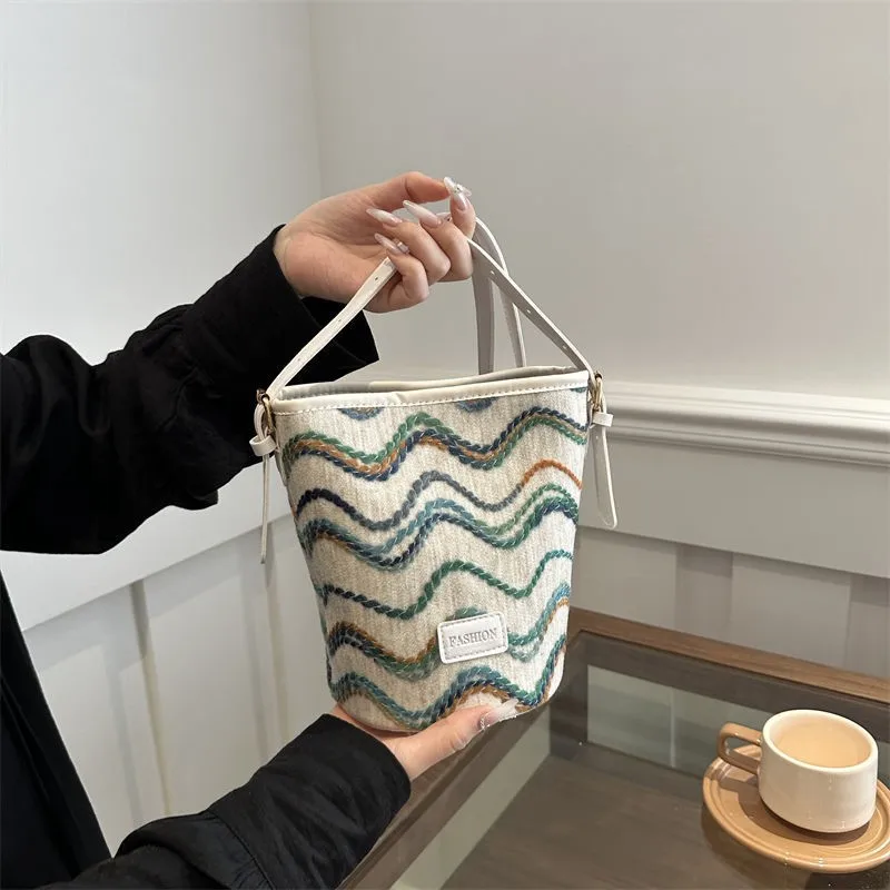 JIAERDI Harajuku Wave Pattern Bucket Bag Women Knit Large Capacity Shoulder Bag Ladies Korean Everyday Crossbody Bags Beige 2025