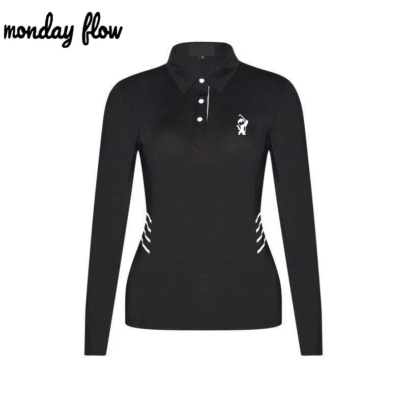 Monday Flow High Elastic Golf Polo Shirt Ladies Breathable Full Sleeve T-shirt Women Quick Dry Soft Workout Tops Sport Golf Wear