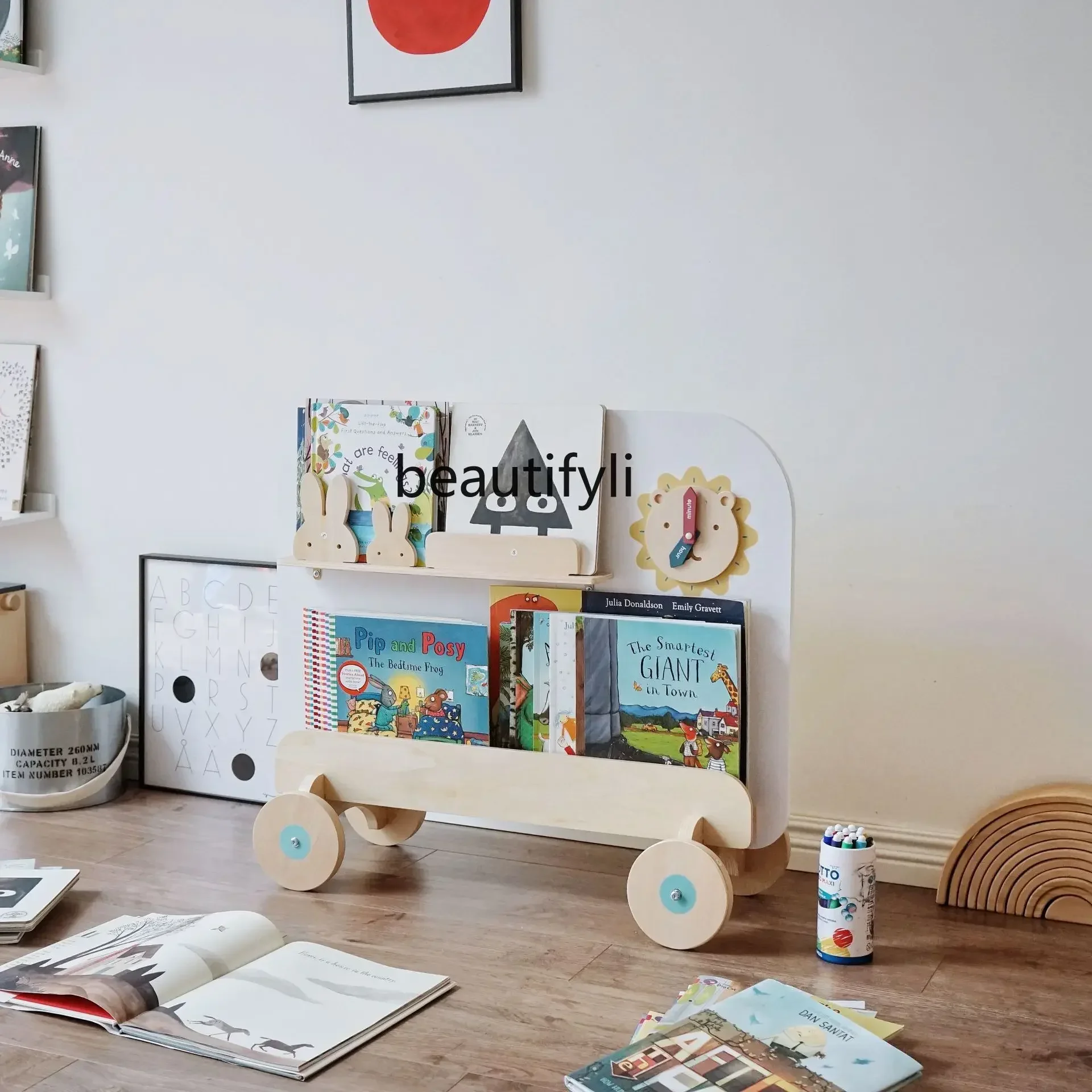Estantería sencilla para libros con imágenes de bebé, pequeño juguete de almacenamiento de lectura de libros multicapa de suelo a techo, carrito móvil dos en uno