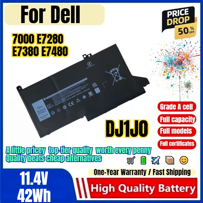 DJ1J0 for Dell 7000 E7280 E7380 E7480 Laptop Battery 0 Cycle High Capacity Battery Replacement Bateria Grade A Cell with Tools