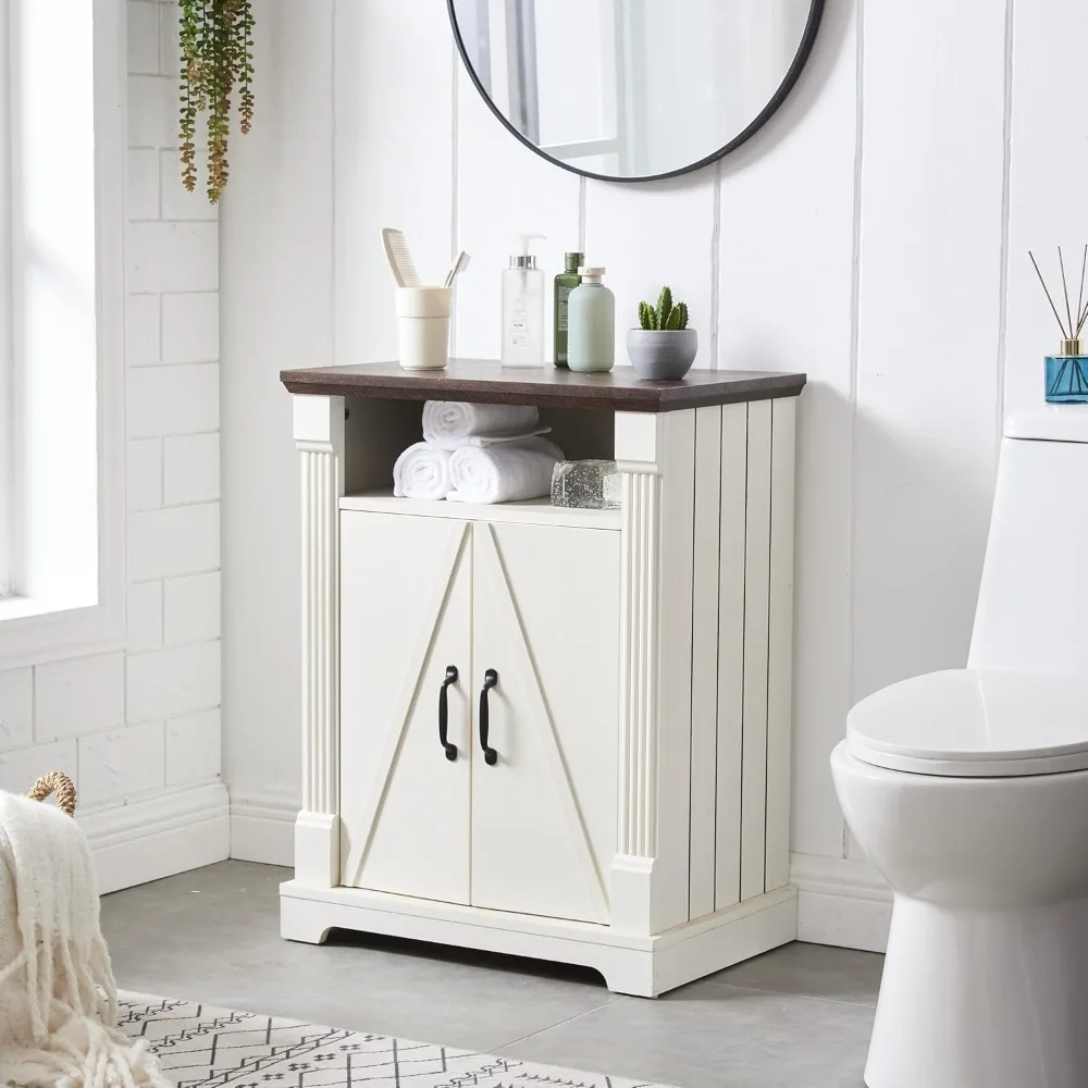 

Storage Cabinet – Antique White Freestanding Buffet Sideboard with Barn Doors, Adjustable Shelf, Small Coffee Bar for Kitchen