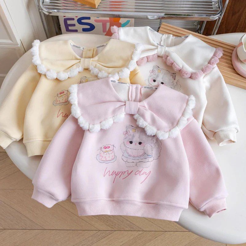 LYY-Girls' Winter Clothing Sweater2024New Little Girl Fashionable Fleece-Lined Autumn and Winter Children's Long Sleeve Doll Col