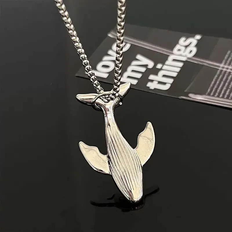 Stainless Steel Silver Color Whale Pendant Necklace for Men Women Fashion Metal Smooth Small Whale Long Sweater Chain