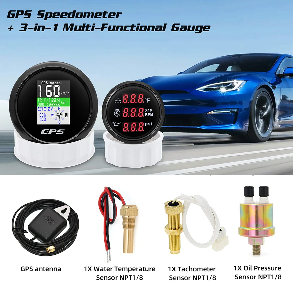 

85mm GPS Speedometer With GPS Antenna + 3 in1 52mm Water temperature speed oil pressure gauge with sensors For Motor Yacht Boat