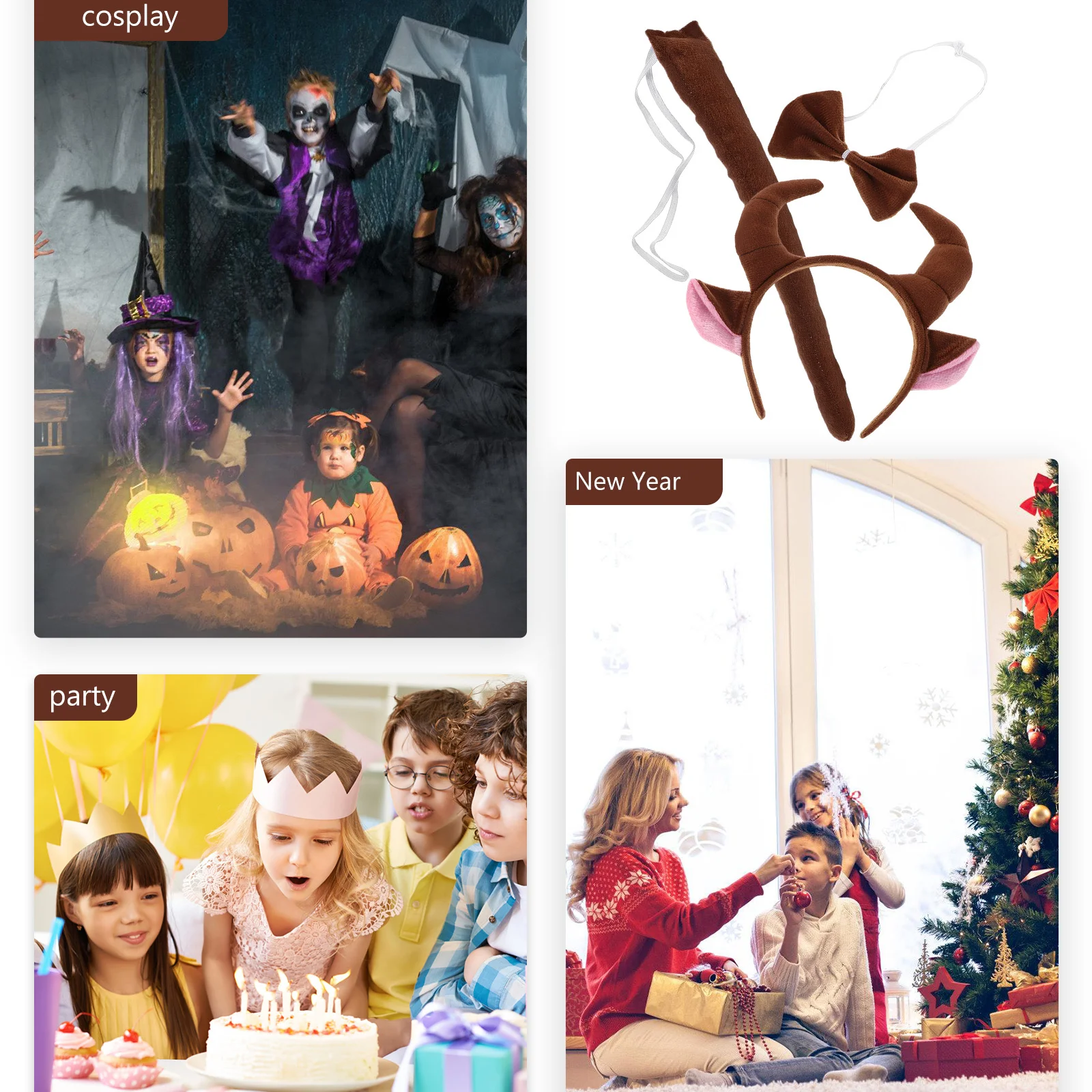 Conjunto de fantasia de animal, chifres de touro, bandana, orelhas de vaca, gravata borboleta para crianças, festa de halloween, cosplay, festival, ajuste confortável