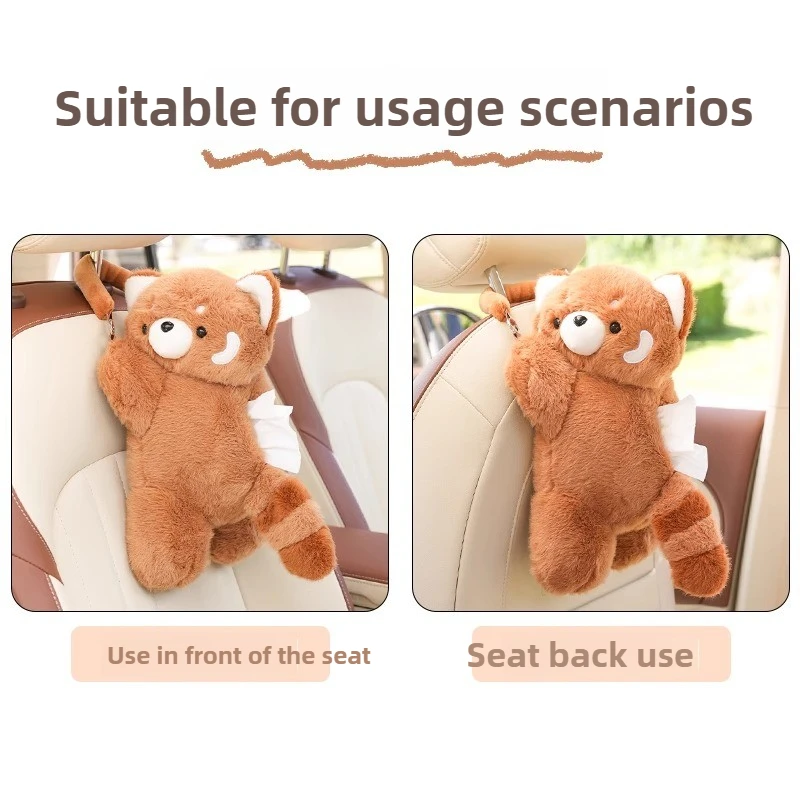 صندوق مناديل السيارة المعلق - تصميم دمية الراكون اللطيفة من القطيفة، حقيبة مناديل متعددة الوظائف لمقعد السيارة الخلفي