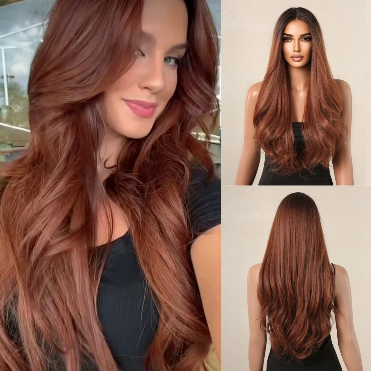 

DWY Red Brown Black Ombre Hairline Lace Synthetic Wig For Women Long Wavy Curly Hair Wigs For Daily Party Cosplay Heat Resistant