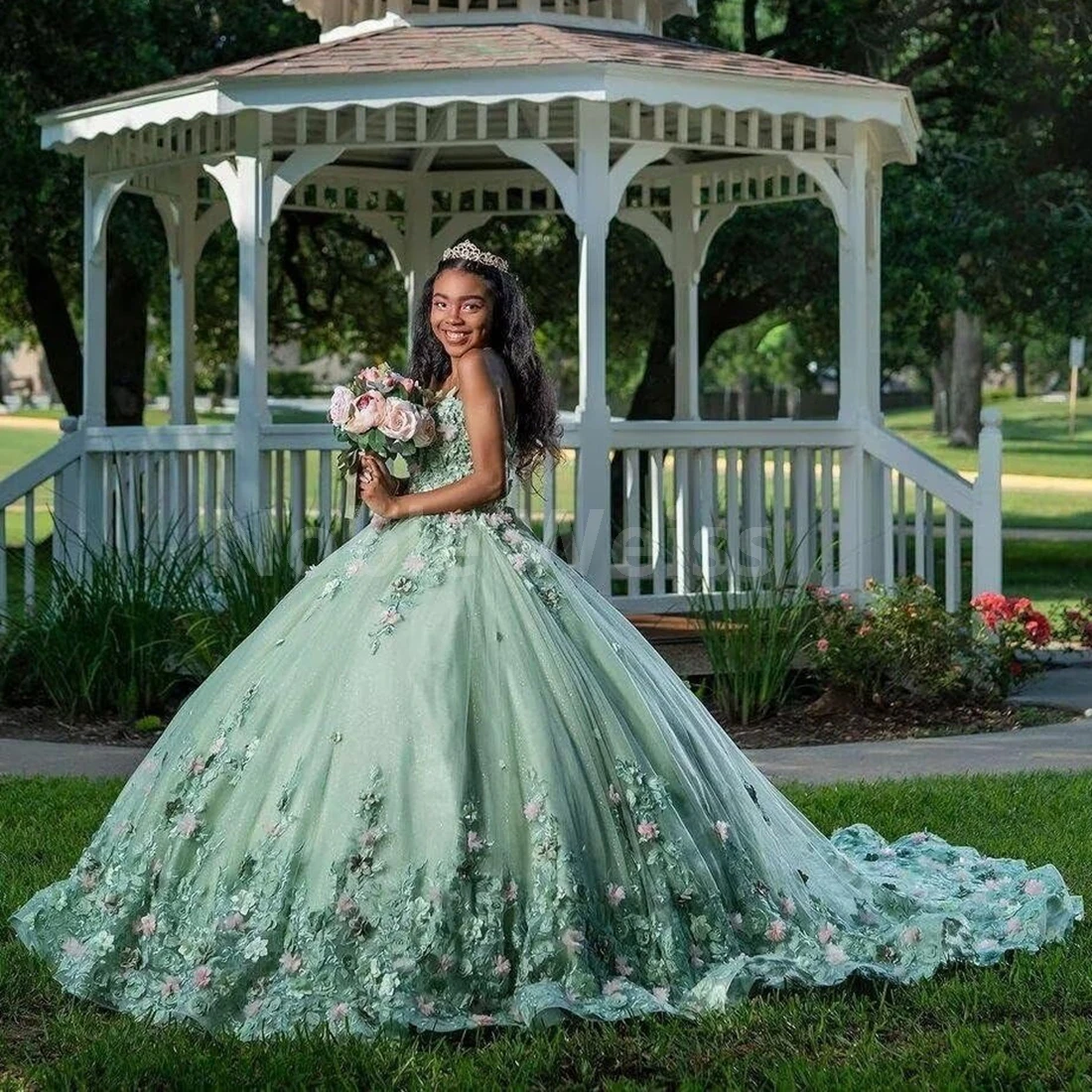 Strapless Quinceanera Dresses with Train Applique Tulle Sweet 16 Dresses 3D Flower Puffy Quinceañera Dress Customized image 3