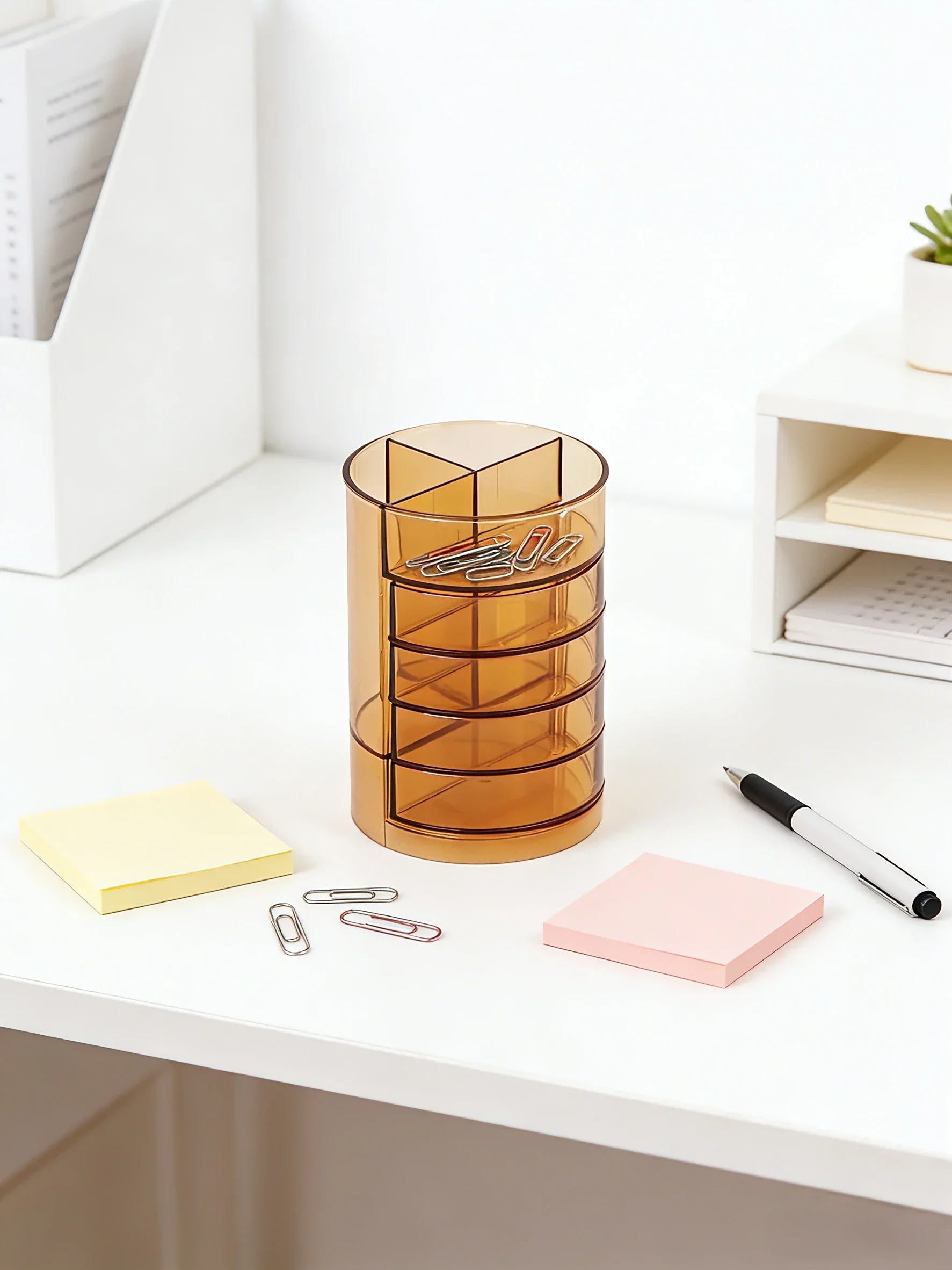 Huajie H168 Classic Tea Color Pen Holder Multifunctional Plastic Desk Storage Box Office School Stationery Organizer