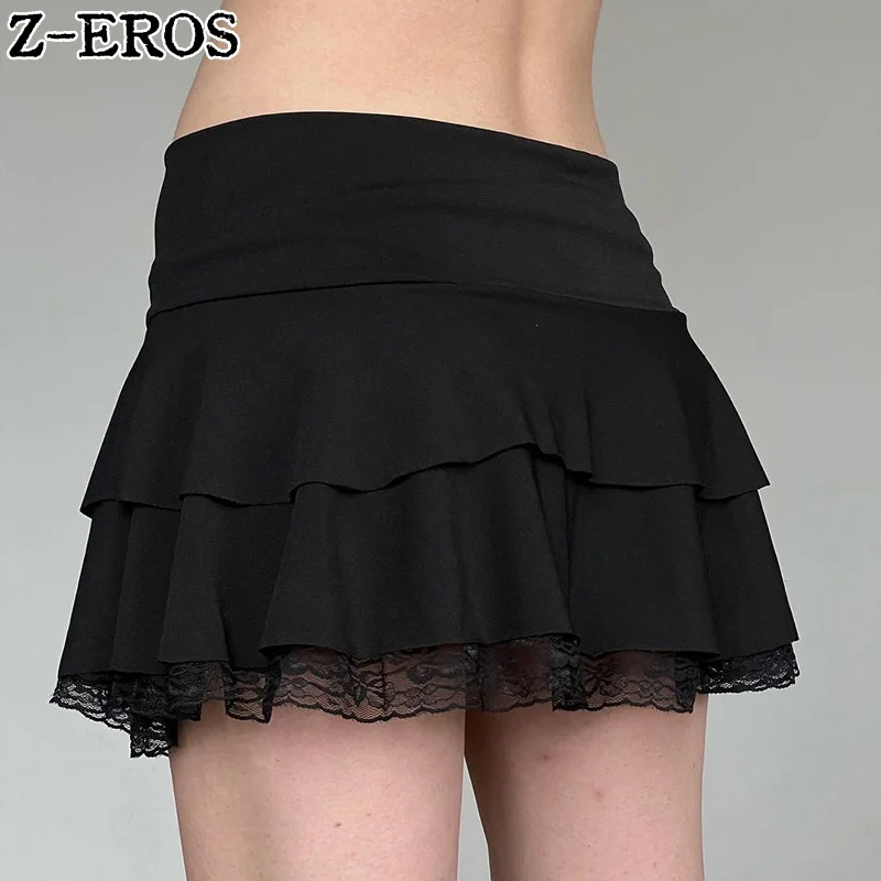 Z-EROS-Lace A-Line mini saia do bolo, cintura baixa, arco sexy, patchwork, gótico bonito, meia saia curto, estética preta escura, Y2K