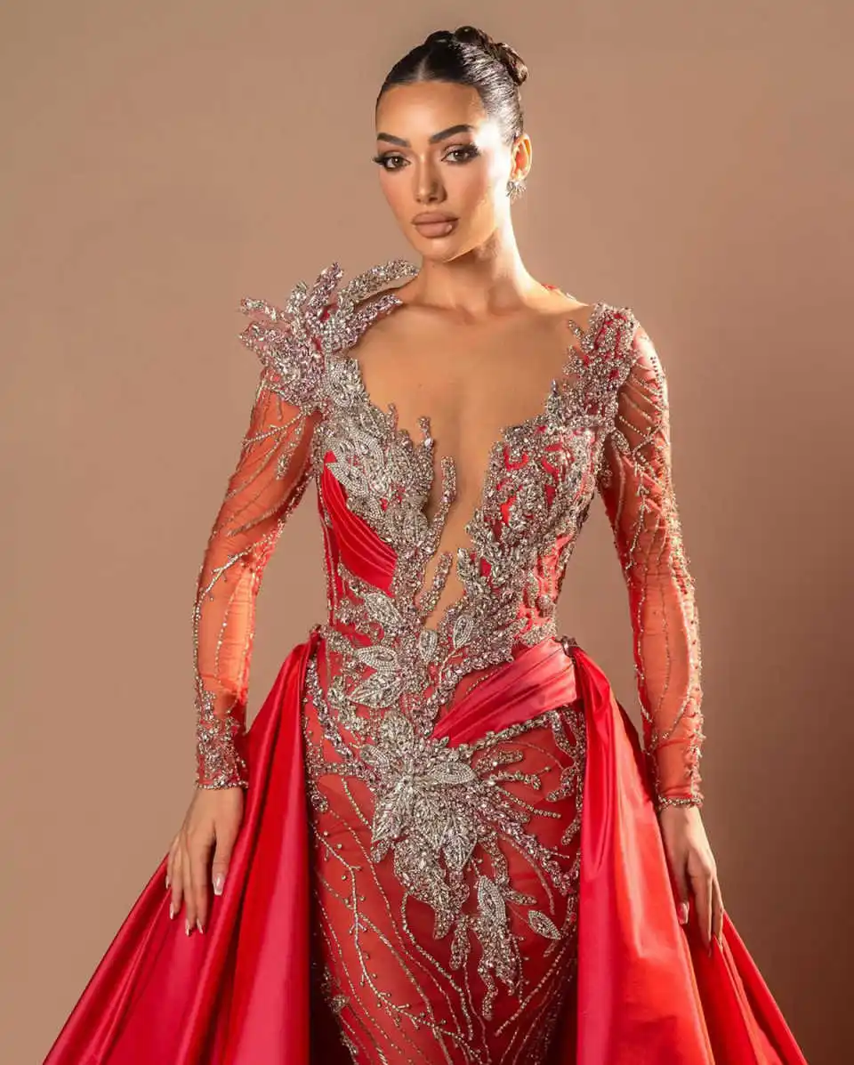 تصميم جديد فساتين السهرة حورية البحر أحجار الراين بلورات الخرز كم طويل فستان حفلات فساتين الحفلات Vestido De Noite مخصصة