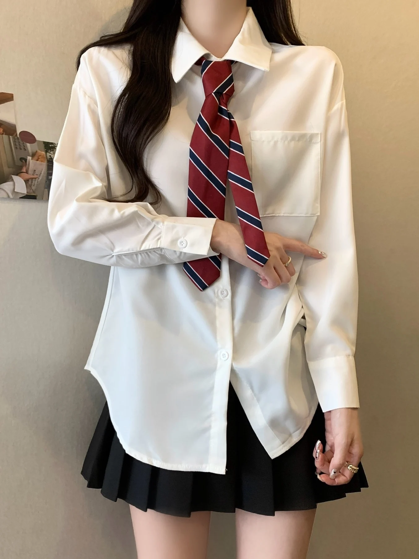 

Anti-Wrinkle Slimming Long Sleeve Neck Women's Shirt JK Uniform Set Spring Autumn plus Size College Style Inner Wear
