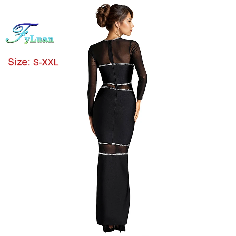 Mode Neue Cut Out Taille Langarm Frauen Lange Kleid Sheer Mesh Temperament O Neck Meerjungfrau Strass Perlen String Prom Kleider