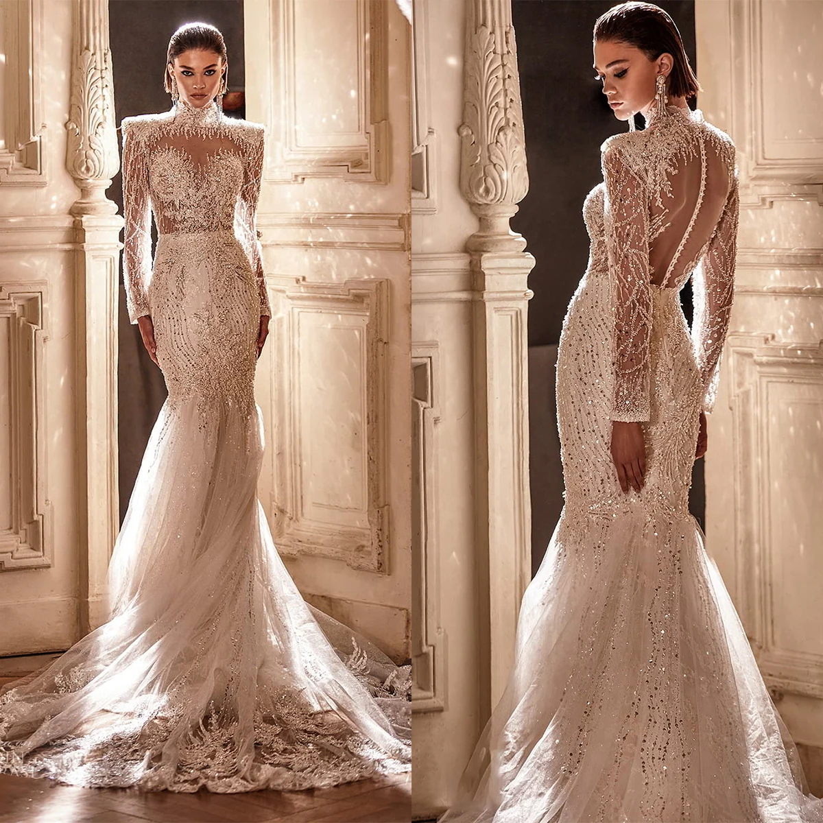 

Luxury Mermaid Wedding Dresses Long Sleeves High Neck Sequins Beaded Appliques 3D Lace Diamonds Bridal Gowns Vestina De Novia