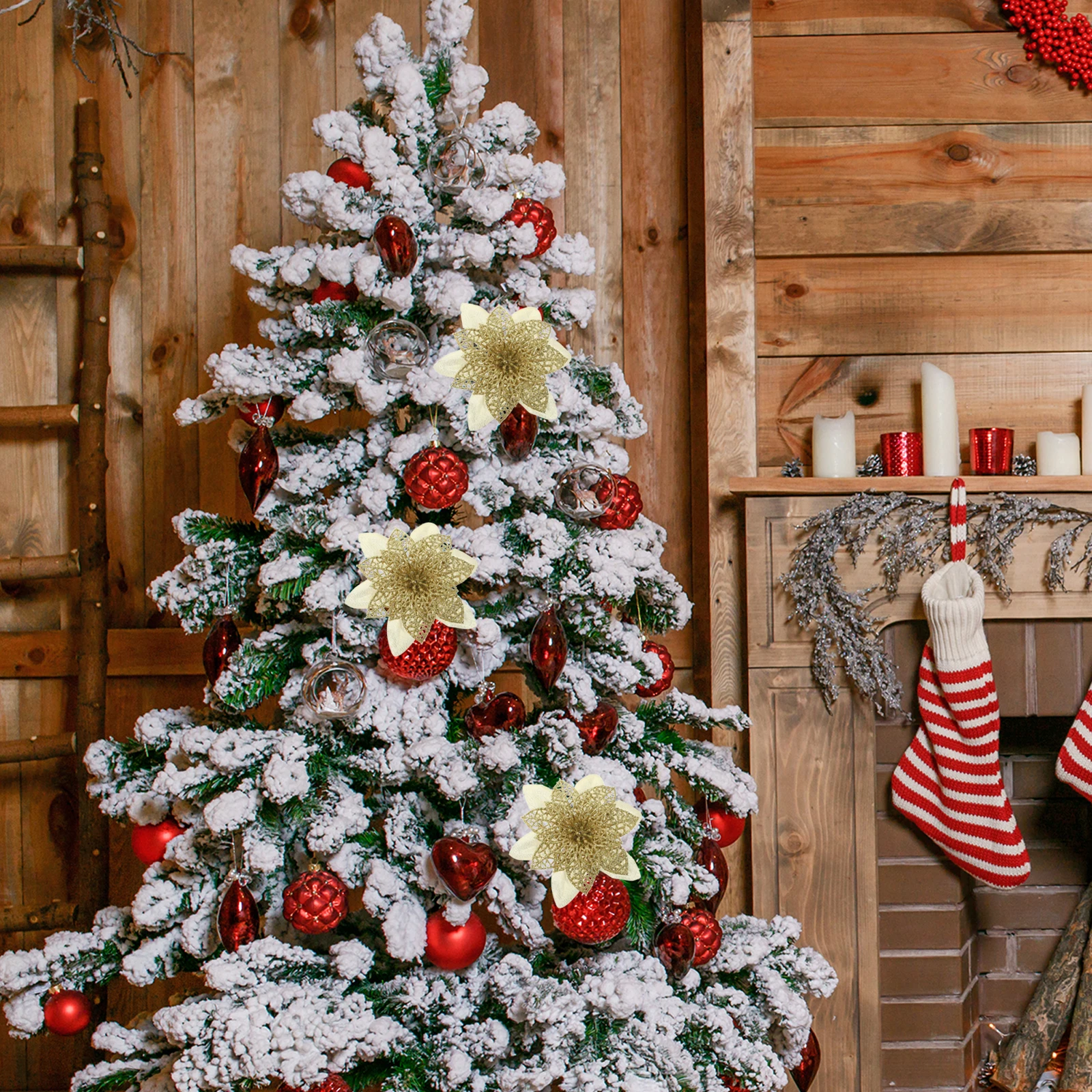 

12pcs Artificial Poinsettia Flowers Christmas Tree Decorations Glitter Faux Flower For Xmas Wreath Vase Rattan Garland Party