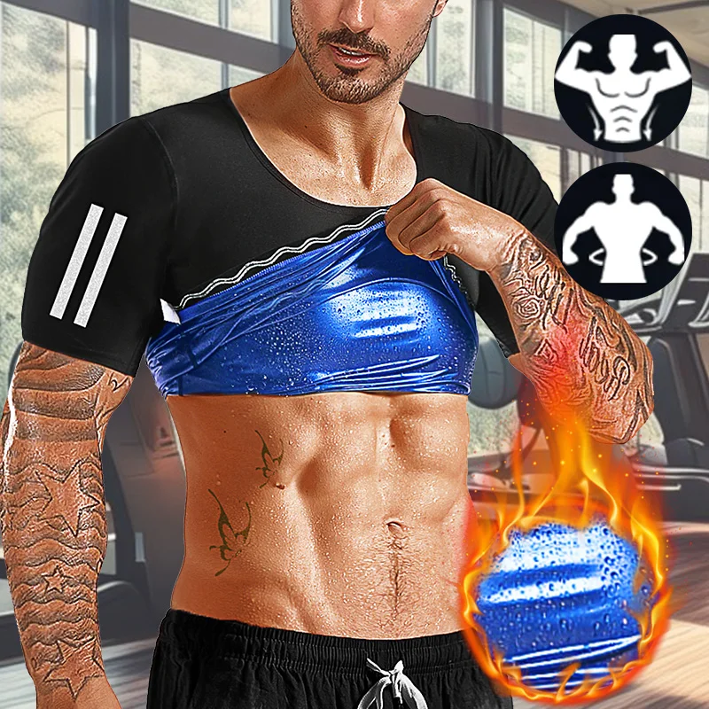 Men Short Sleeve Sauna Sweat Suits for Men Weight Loss Slimming Shaper Waist Trainer Tops with Underarm Breathable Sweat Shirts