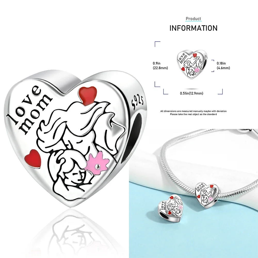 Ciondolo con ciondolo in argento sterling 925 a forma di cuore, amore, casa delle madri, famiglia, perline, adatto per braccialetti, gioielli fatti a mano, regali fai da te