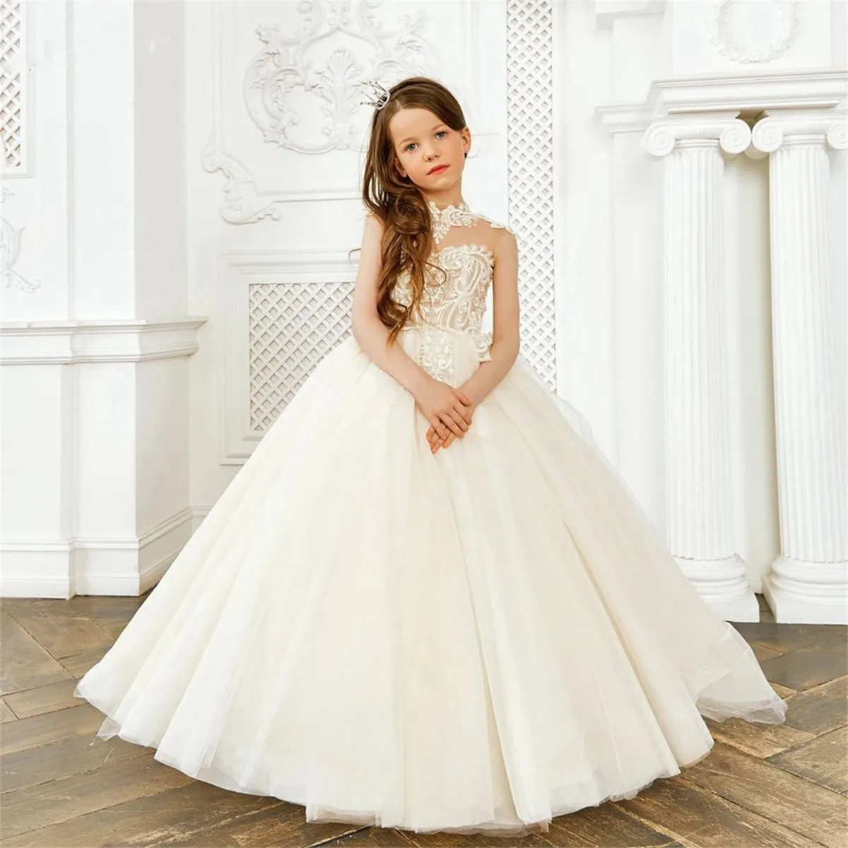 Elegant Flower Girl Dress For Wedding Applique Tulle Fluffy Sleeveless Kids Princess Child Birthday Holy Communion Dresses